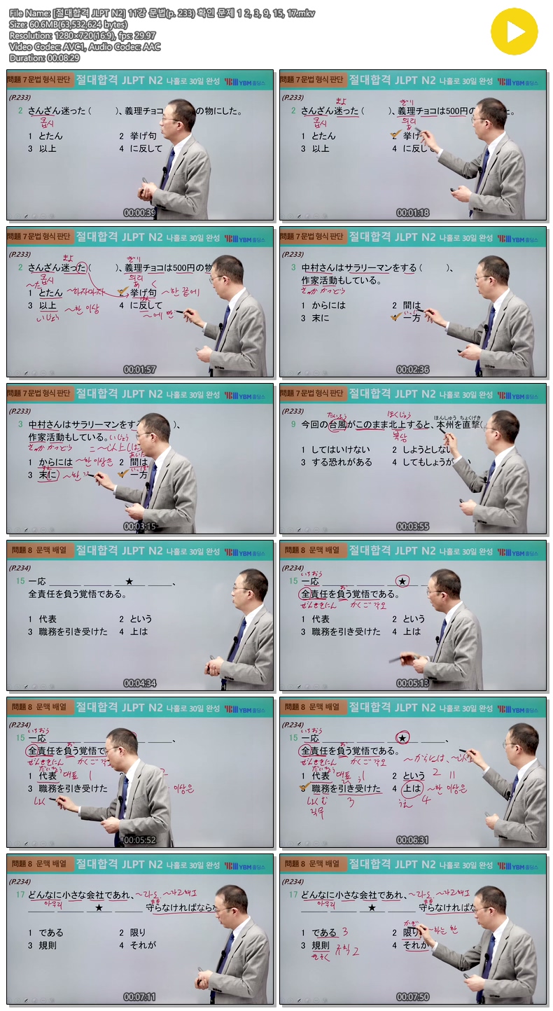 [절대합격 JLPT N2] 11강 문법(p. 233) 확인 문제 1 2, 3, 9, 15, 17