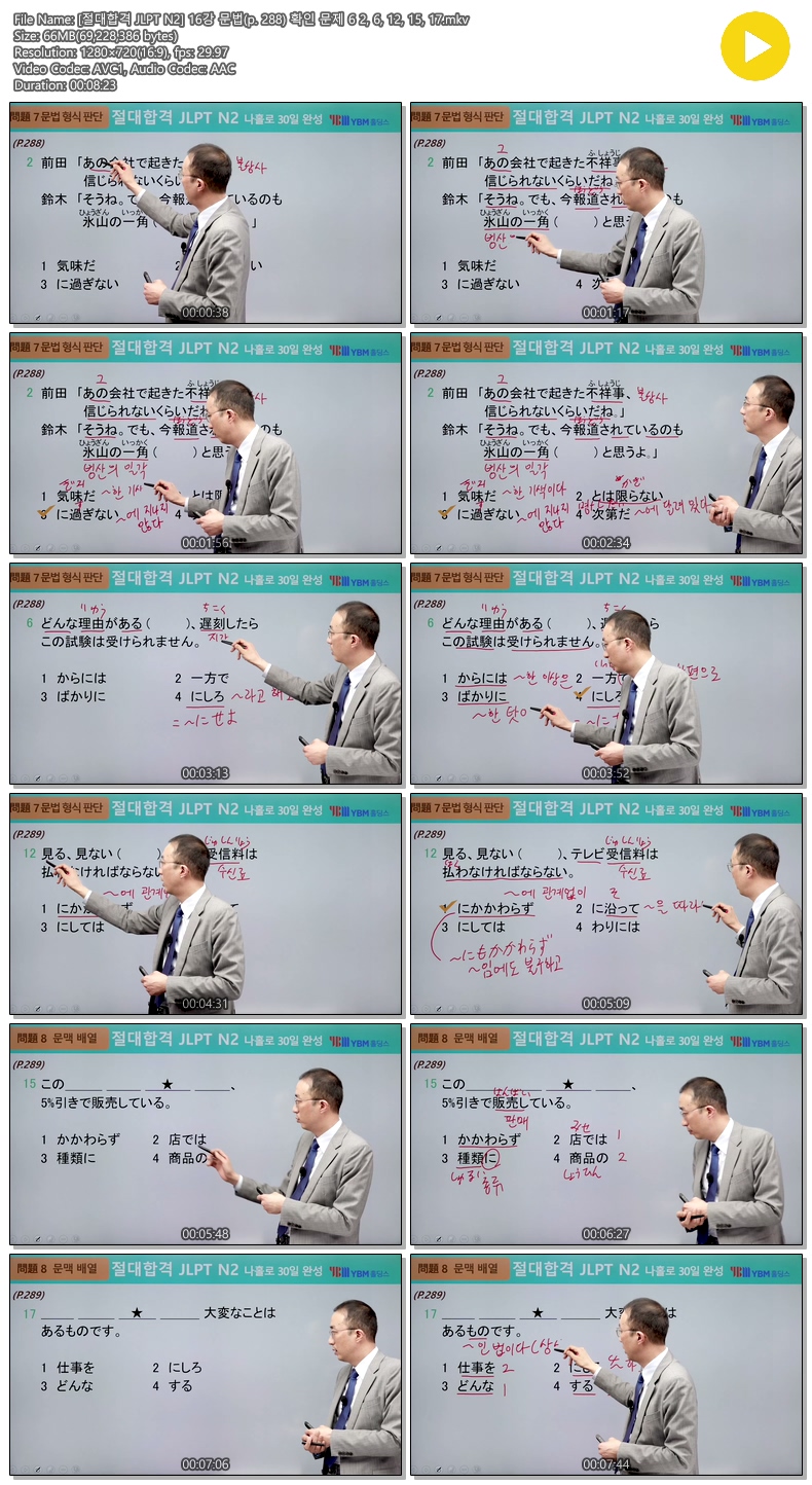 [절대합격 JLPT N2] 16강 문법(p. 288) 확인 문제 6 2, 6, 12, 15,..