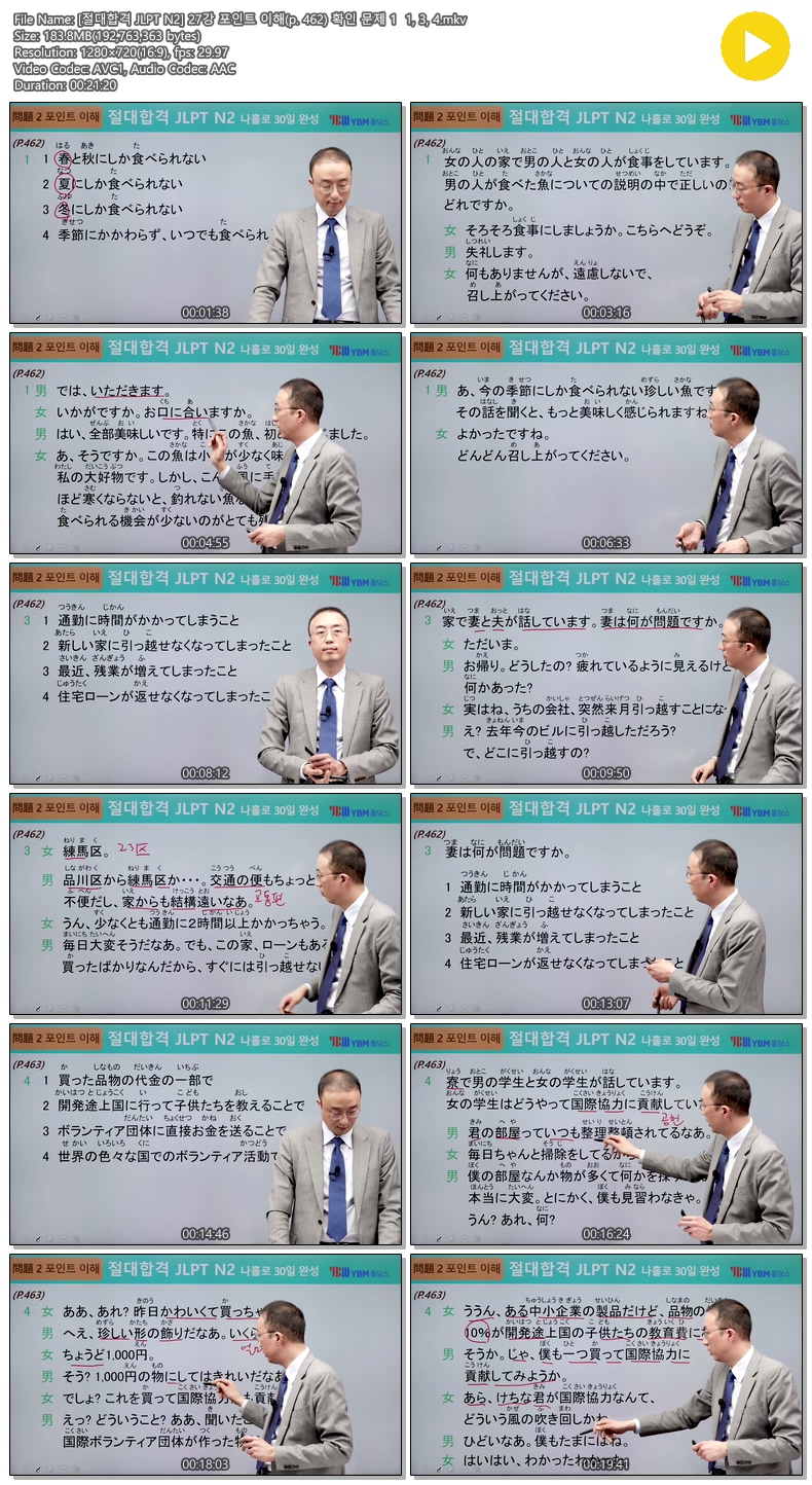[절대합격 JLPT N2] 27강 포인트 이해(p. 462) 확인 문제 1 1, 3, 4